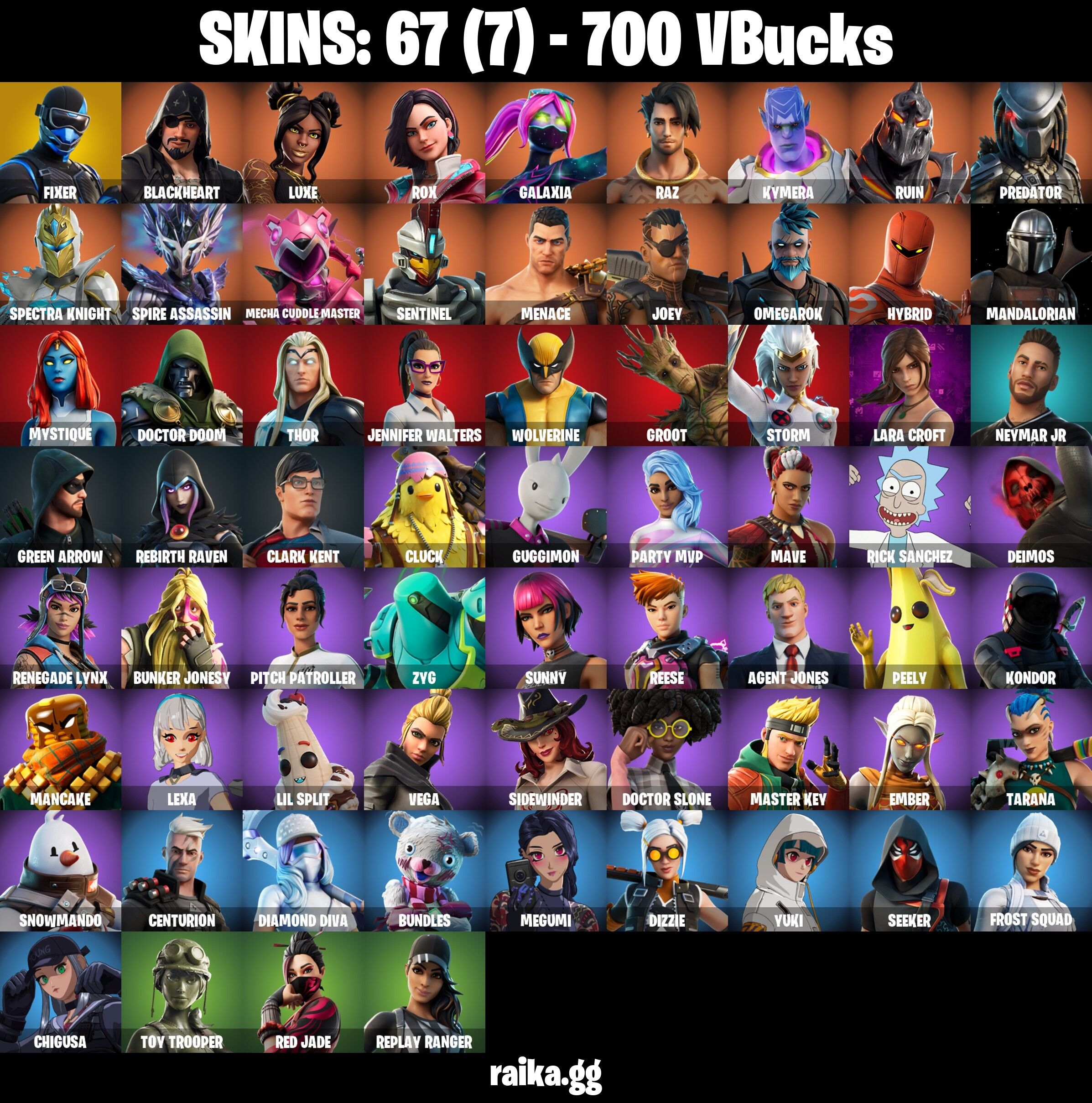 Fortnite Account ( PC / PLAYSTATION / XBOX ) (Fixer, Blackheart, Luxe, Rox, Galaxia, Raz, Kymera, Ruin, Predator, Spectra Knight, Spire Assassin, Mecha Cuddle Master) (67 Skins)