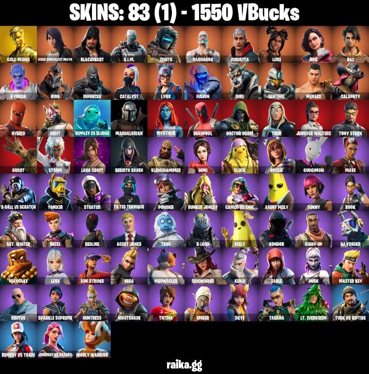 Fortnite Account ( PC / PLAYSTATION / XBOX ) (Gold Midas, Gear Specialist Maya, Blackheart, A.I.M., Zenith, Ragnarok, Vendetta, Luxe, Rox, Raz, Kymera, Ruin) (83 Skins)