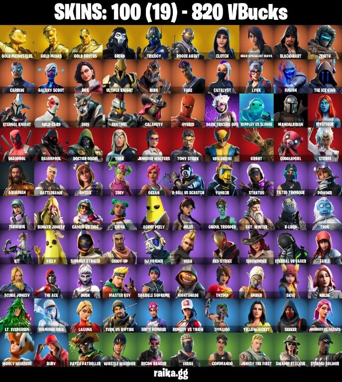 Fortnite Account ( PC / PLAYSTATION / XBOX ) (Gold Meowscles, Gold Midas, Gold Brutus, Grind, Trilogy, Rogue Agent, Clutch, Gear Specialist Maya, Blackheart, Zenith) (100 Skins)