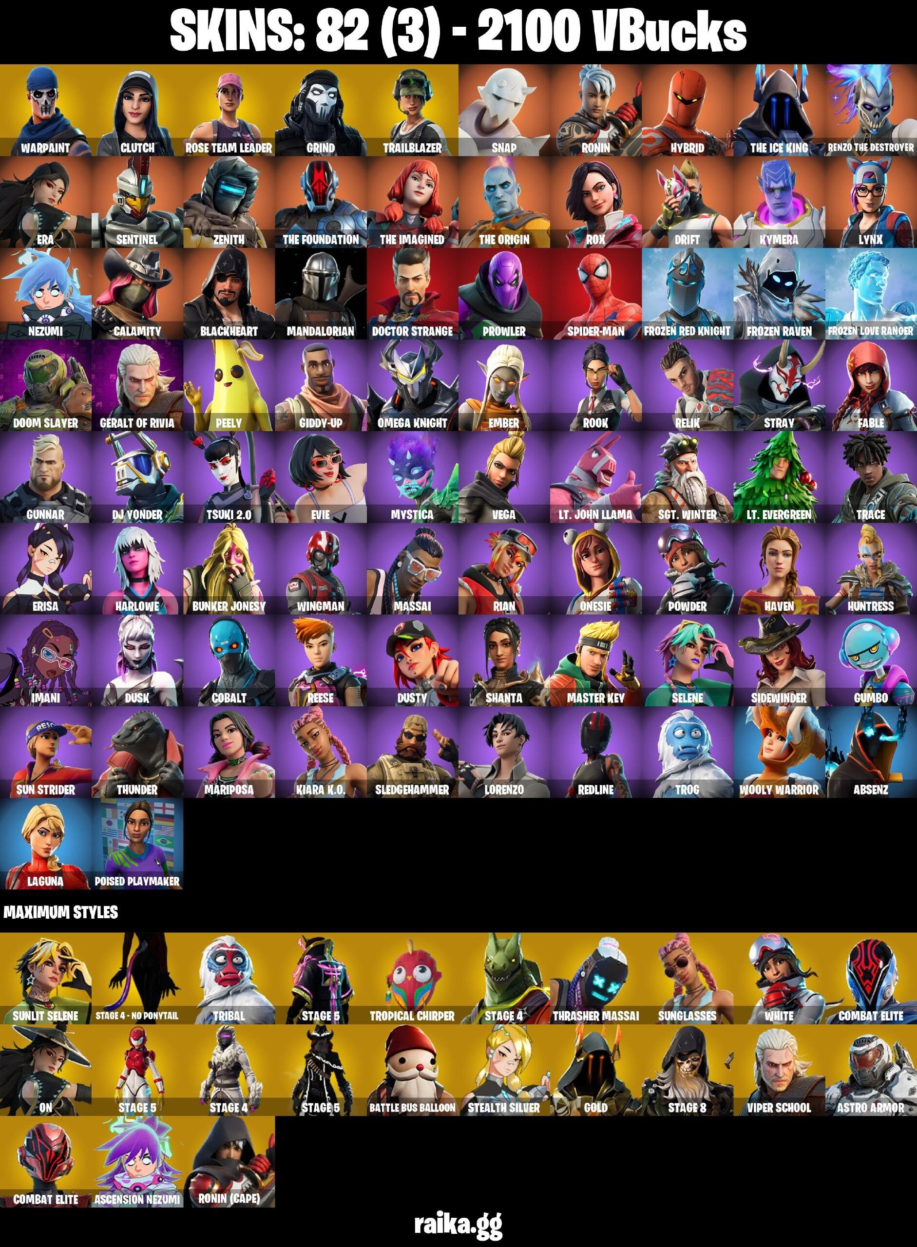 Fortnite Account ( PLAYSTATION / XBOX / PC / NINTENDO / MOBILE ) (Warpaint, Clutch, Rose Team Leader, Grind, Trailblazer, Snap, Ronin, Hybrid, The Ice King, Renzo the Destroyer, Era, Sentinel, Zenith, The Foundation, The Imagined, The Origin, Rox, Drift, Kymera, Lynx, Nezumi, Calamity, Blackheart, Mandalorian, Doctor Strange, Prowler, Spider-Man, Frozen Red Knight, Frozen Raven, Frozen Love Ranger, Doom Slayer, Geralt of Rivia, Peely, Giddy-up, Omega Knight, Ember, Rook, Relik, Stray, Fable, Gunnar, DJ Yonder, Tsuki 2.0, Evie, Mystica, Vega) (82 Skins) Fortnite Account ( PLAYSTATION / XBOX / PC / NINTENDO / MOBILE ) (Warpaint, Clutch, Rose Team Leader, Grind, Trailblazer, Snap, Ronin, Hybrid, The Ice King, Renzo the Destroyer, Era, Sentinel, Zenith, The Foundation, The Imagined, The Origin, Rox, Drift, Kymera, Lynx, Nezumi, Calamity, Blackheart, Mandalorian, Doctor Strange, Prowler, Spider-Man, Frozen Red Knight, Frozen Raven, Frozen Love Ranger, Doom Slayer, Geralt of Rivia, Peely, Giddy-up, Omega Knight, Ember, Rook, Relik, Stray, Fable, Gunnar, DJ Yonder, Tsuki 2.0, Evie, Mystica, Vega) (82 Skins)