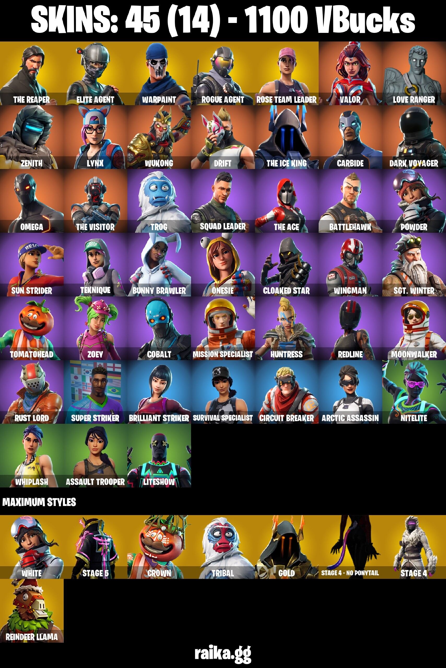 Fortnite Account ( PLAYSTATION / XBOX / PC / NINTENDO / MOBILE ) (The Reaper, OG STW, Warpaint, Rose Team Leader) (45 Skins)