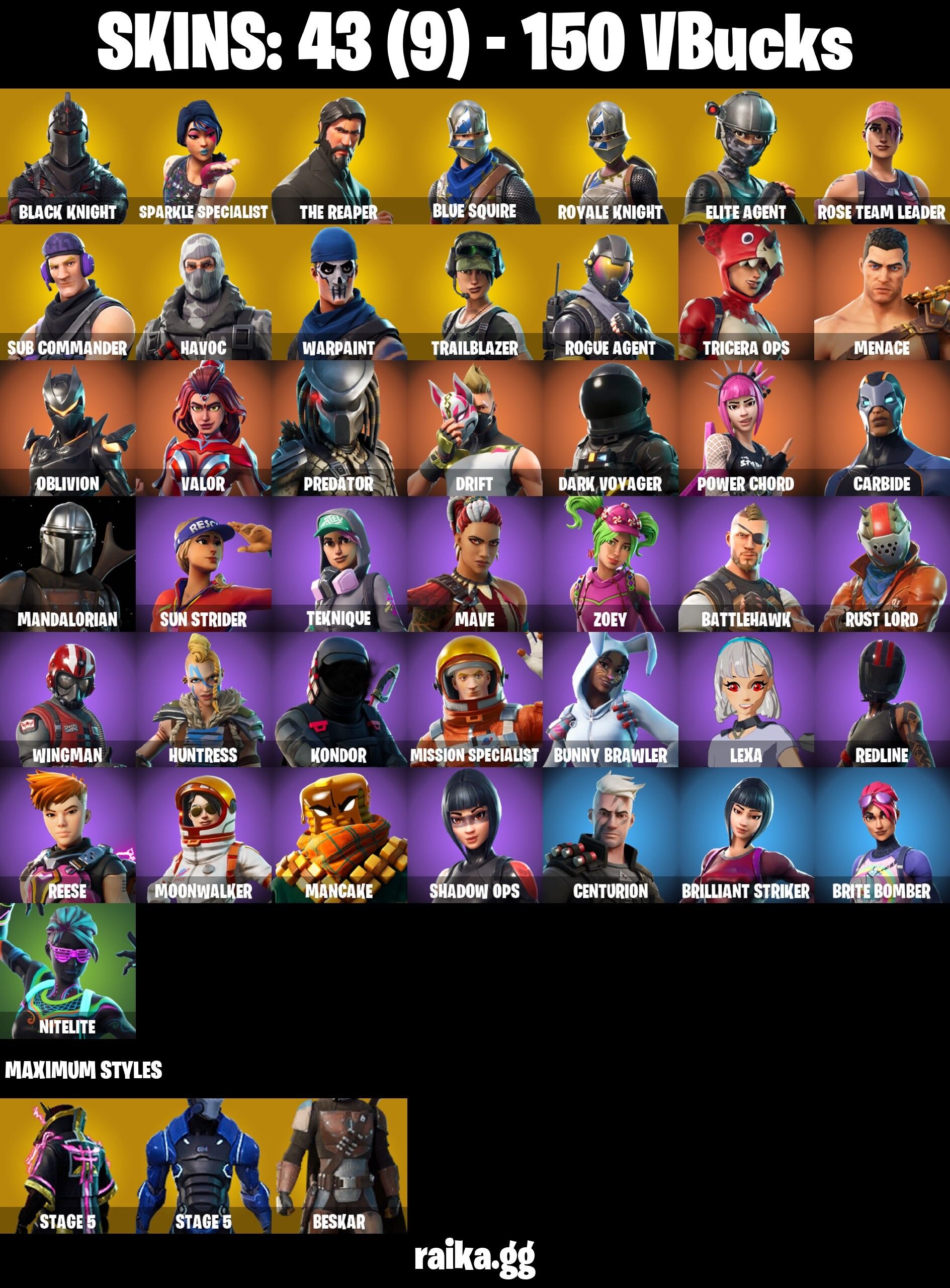Fortnite Account ( PLAYSTATION / XBOX / PC / NINTENDO / MOBILE ) (BLACK KNIGHT, BLACK SHIELD, Floss, BLUE KNIGHT, Royale Knight) (43 Skins)