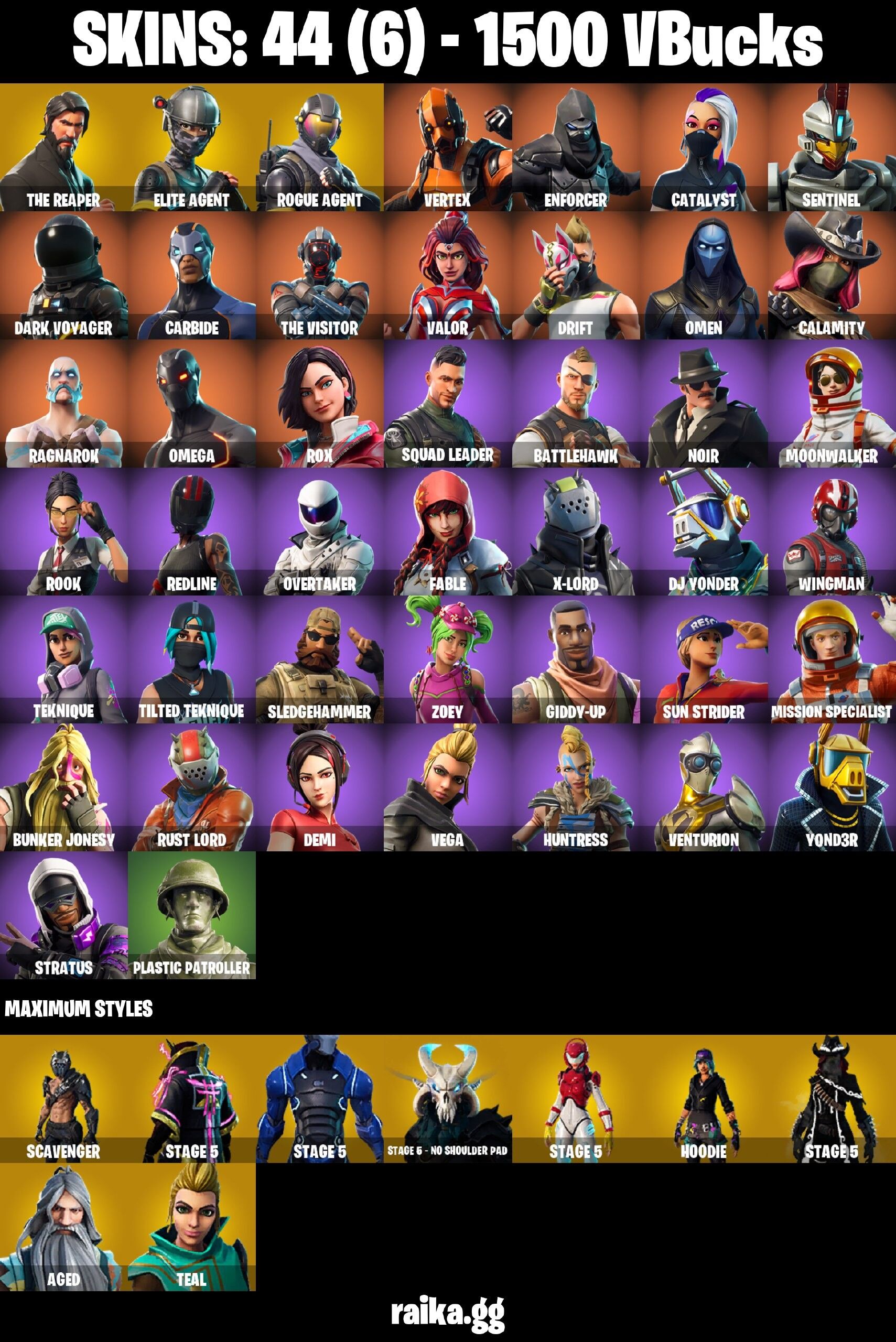 Fortnite Account ( PLAYSTATION / XBOX / PC / NINTENDO / MOBILE ) (The Reaper, Elite Agent, Rust Lord, Dark Voyager, S3 OG) (44 Skins)