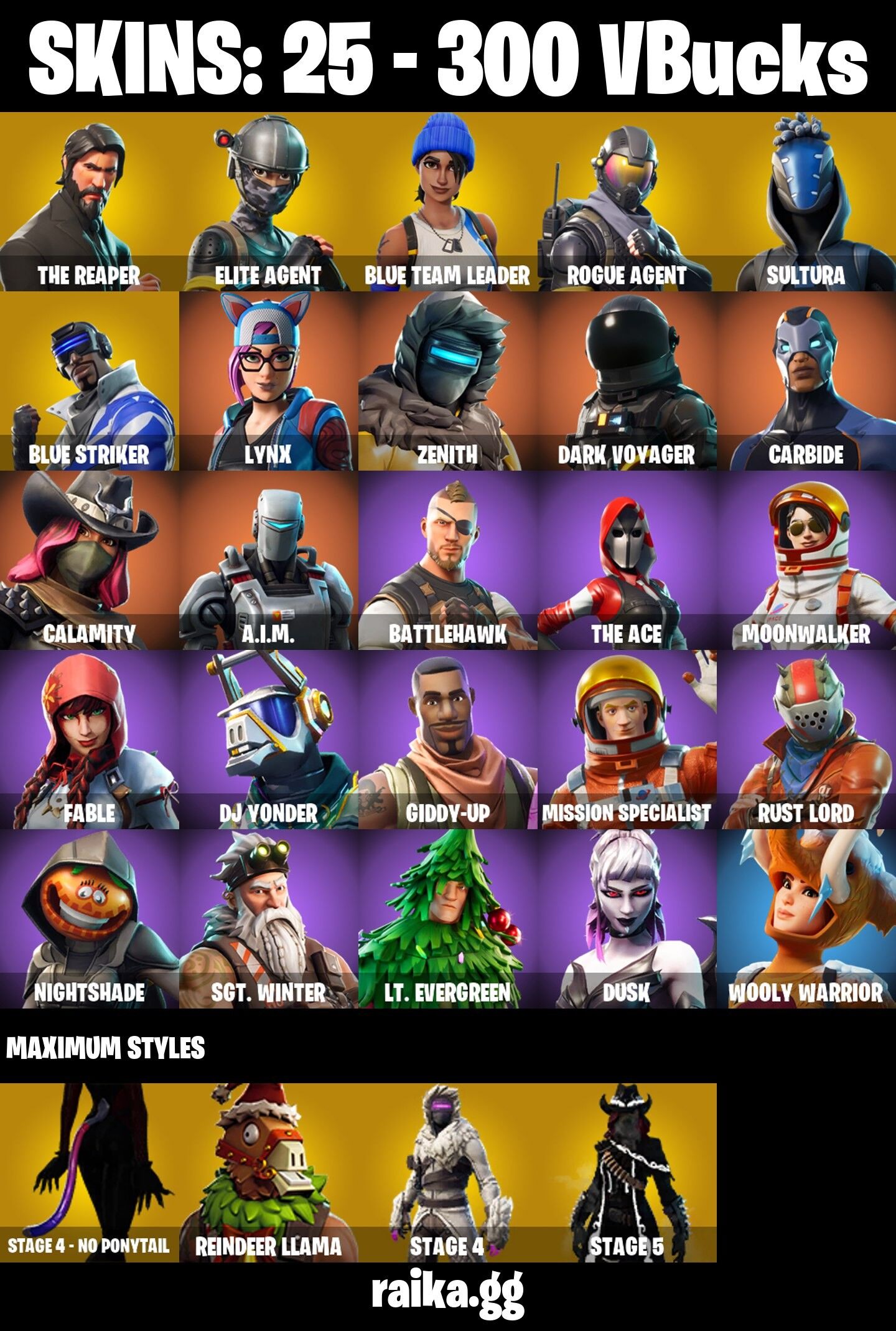 Fortnite Account ( PLAYSTATION / XBOX / PC / NINTENDO / MOBILE ) (The Reaper, Elite Agent, Rust Lord, Dark Voyager, S3 OG) (25 Skins)