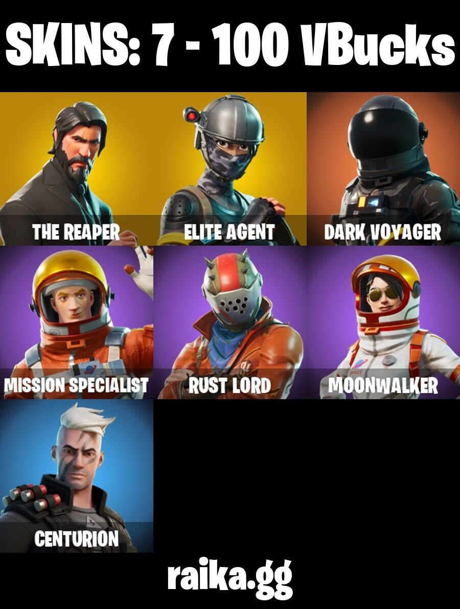 Fortnite Account ( PLAYSTATION / XBOX / PC / NINTENDO / MOBILE ) (The Reaper, Elite Agent, Dark Voyager, Mission Specialist, Rust Lord, Moonwalker, Centurion) (7 Skins)