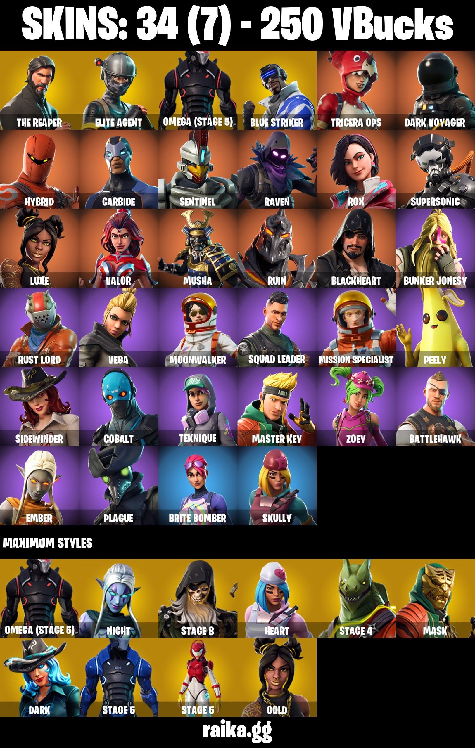 Fortnite Account ( PLAYSTATION / XBOX / PC / NINTENDO / MOBILE ) (The Reaper, Elite Agent, Rust Lord, Dark Voyager) (34 Skins)