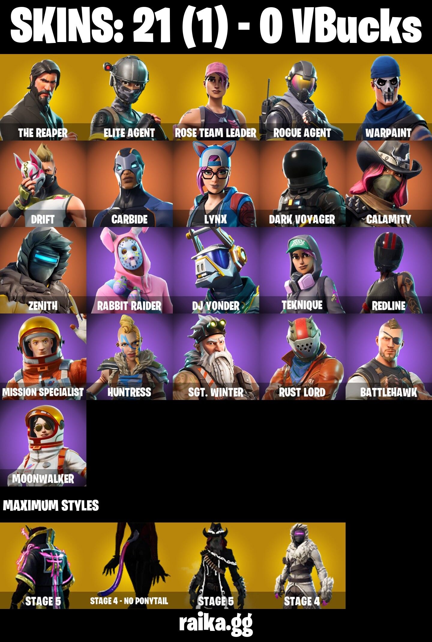 Fortnite Account ( PLAYSTATION / XBOX / PC / NINTENDO / MOBILE ) (The Reaper, Elite Agent, Rose Team Leader, Rogue Agent) (21 Skins)
