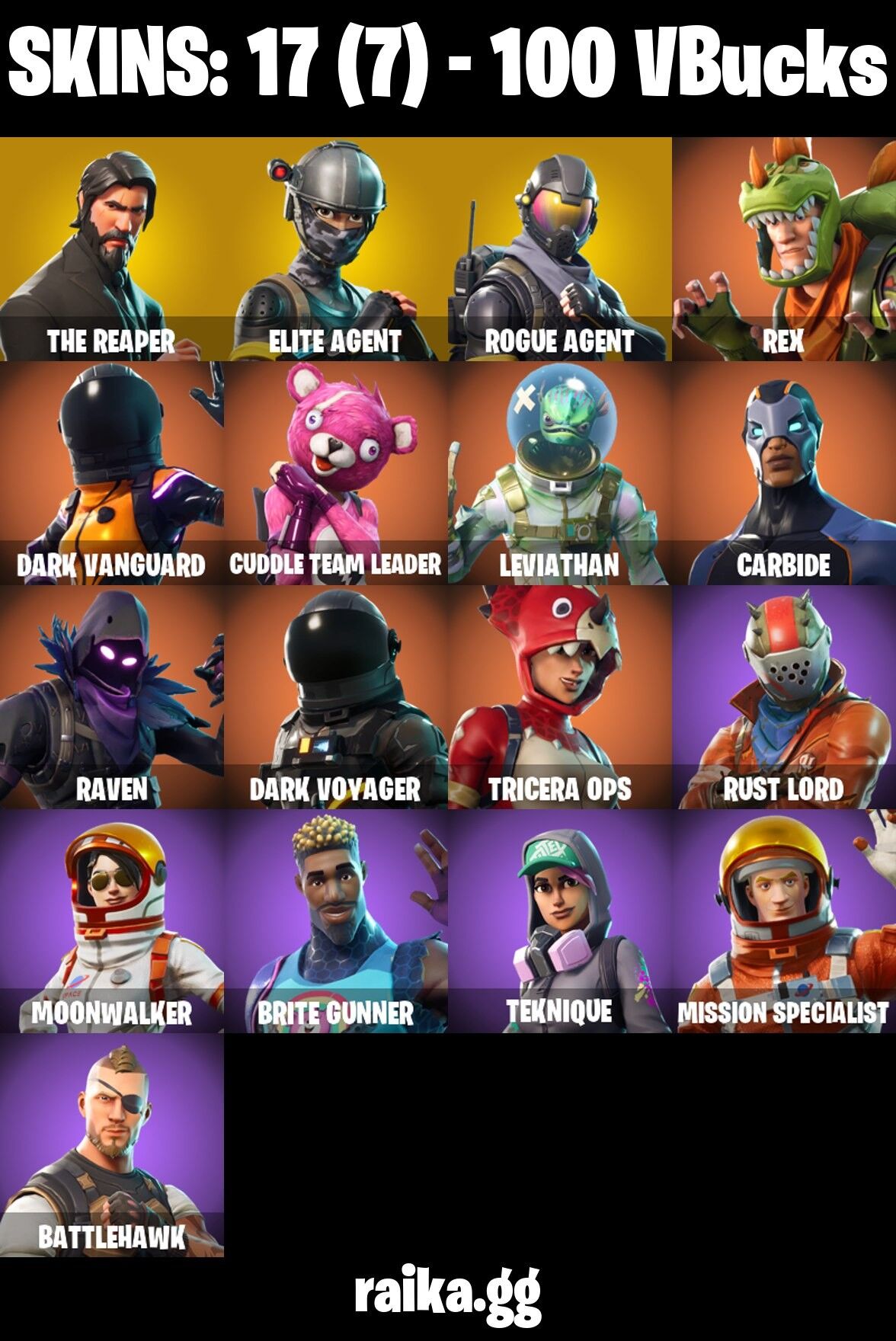 Fortnite Account ( PLAYSTATION / XBOX / PC / NINTENDO / MOBILE ) (The Reaper, Elite Agent, Rust Lord, Dark Voyager) (17 Skins)