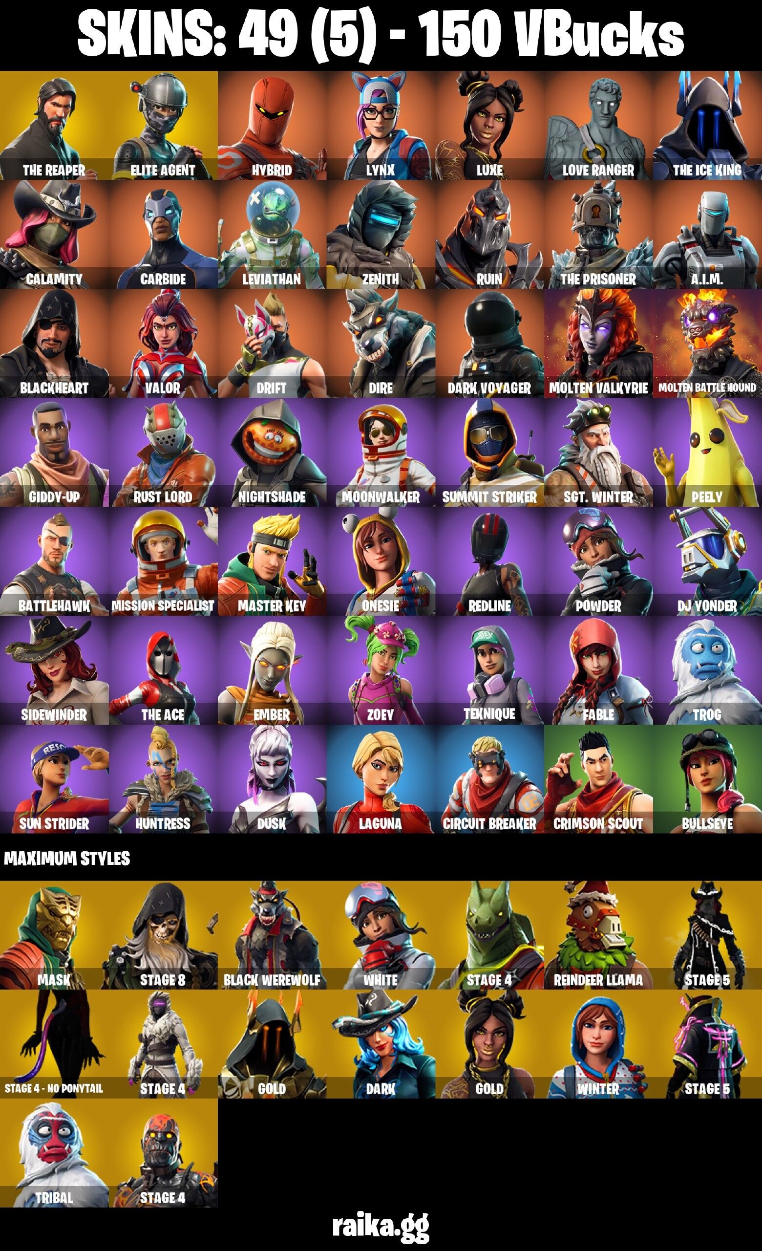 Fortnite Account ( PLAYSTATION / XBOX / PC / NINTENDO / MOBILE ) (The Reaper, Elite Agent, Rust Lord, Dark Voyager) (49 Skins)