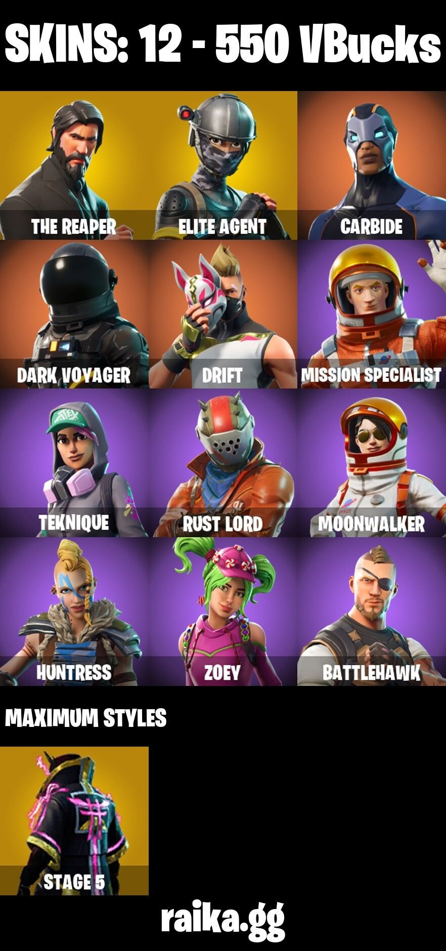 Fortnite Account ( PLAYSTATION / XBOX / PC / NINTENDO / MOBILE ) (The Reaper, Elite Agent, Rust Lord, Dark Voyager) (12 Skins)