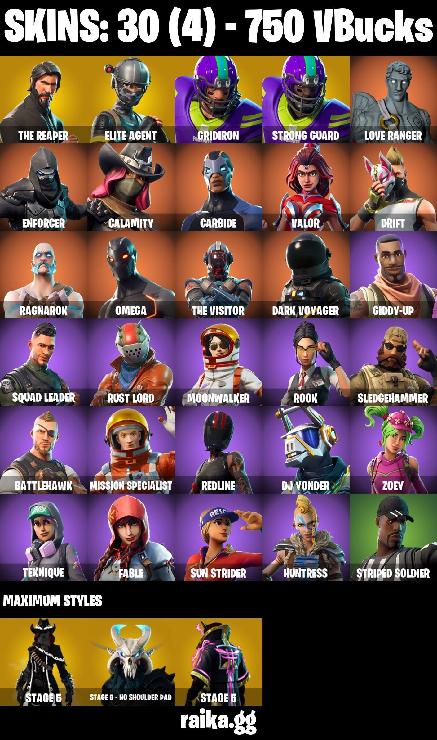 Fortnite Account ( PLAYSTATION / XBOX / PC / NINTENDO / MOBILE ) (The Reaper, Elite Agent, Rust Lord, Dark Voyager) (30 Skins)