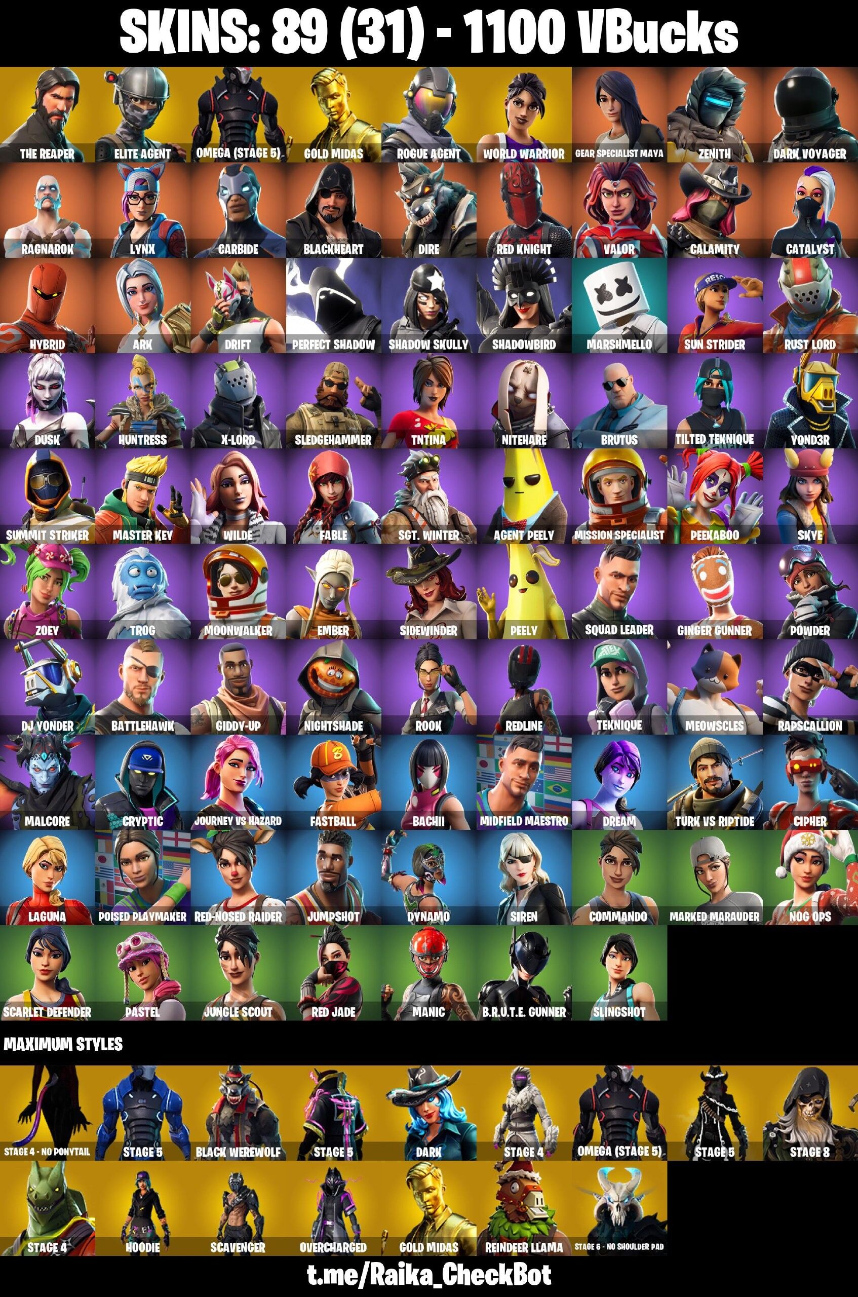 Fortnite Account ( PLAYSTATION / XBOX / PC / NINTENDO / MOBILE ) (The Reaper, Omega Stage 5, Dark Voyager, S3 OG) (89 Skins)