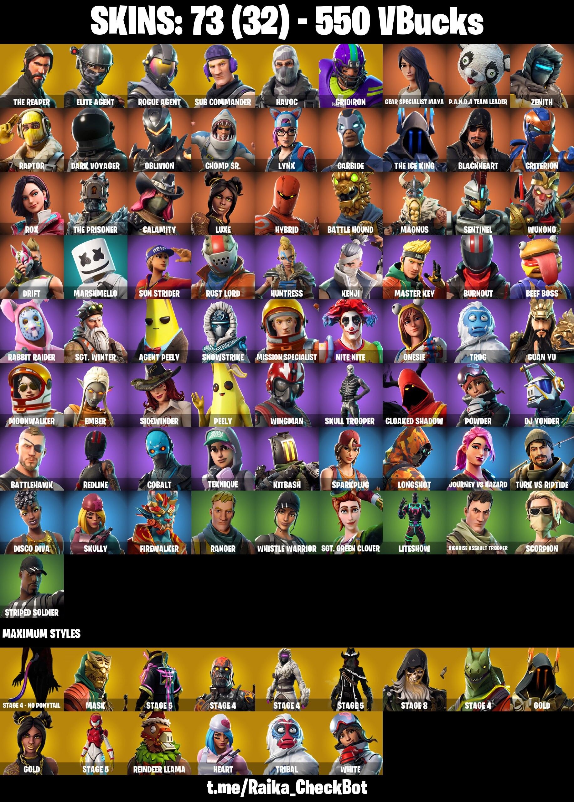 Fortnite Account ( PLAYSTATION / XBOX / PC / NINTENDO / MOBILE ) (The Reaper, Elite Agent, Rust Lord, Dark Voyager) (73 Skins)