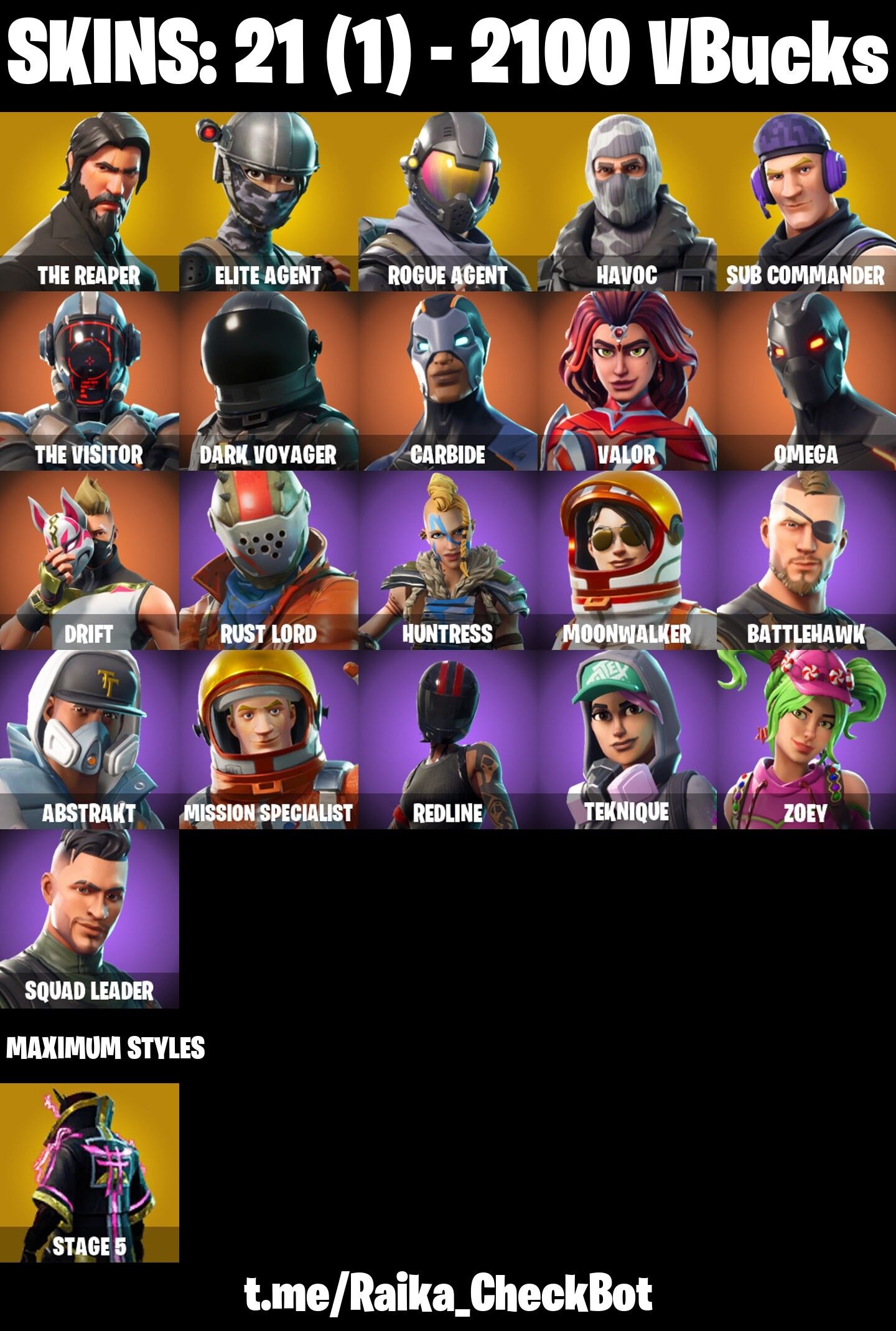 Fortnite Account ( PLAYSTATION / XBOX / PC / NINTENDO / MOBILE ) (The Reaper, Elite Agent, Rust Lord, Dark Voyager) (21 Skins)