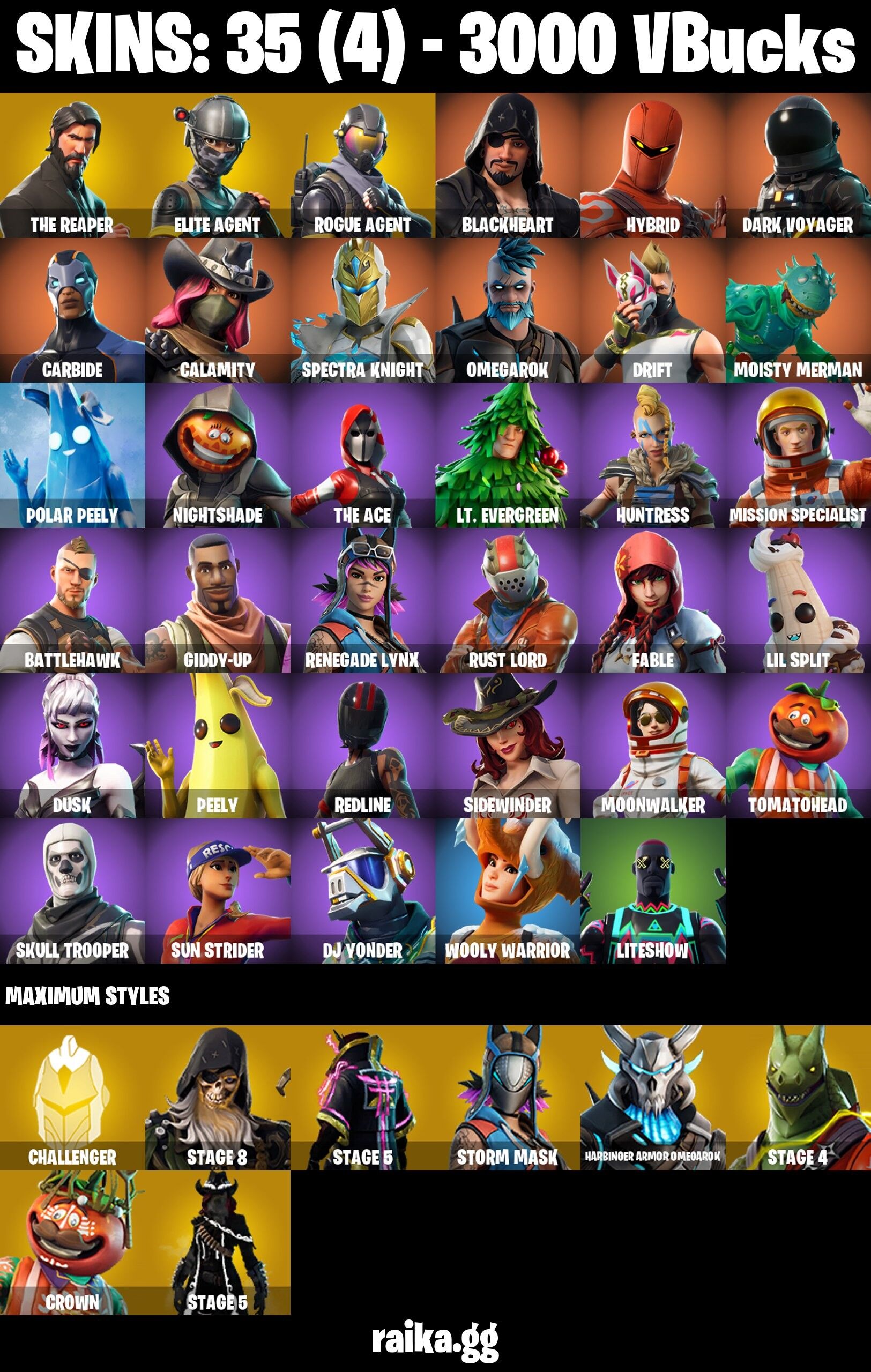 Fortnite Account ( PLAYSTATION / XBOX / PC / NINTENDO / MOBILE ) (The Reaper, Elite Agent, Rust Lord, Dark Voyager) (34 Skins)