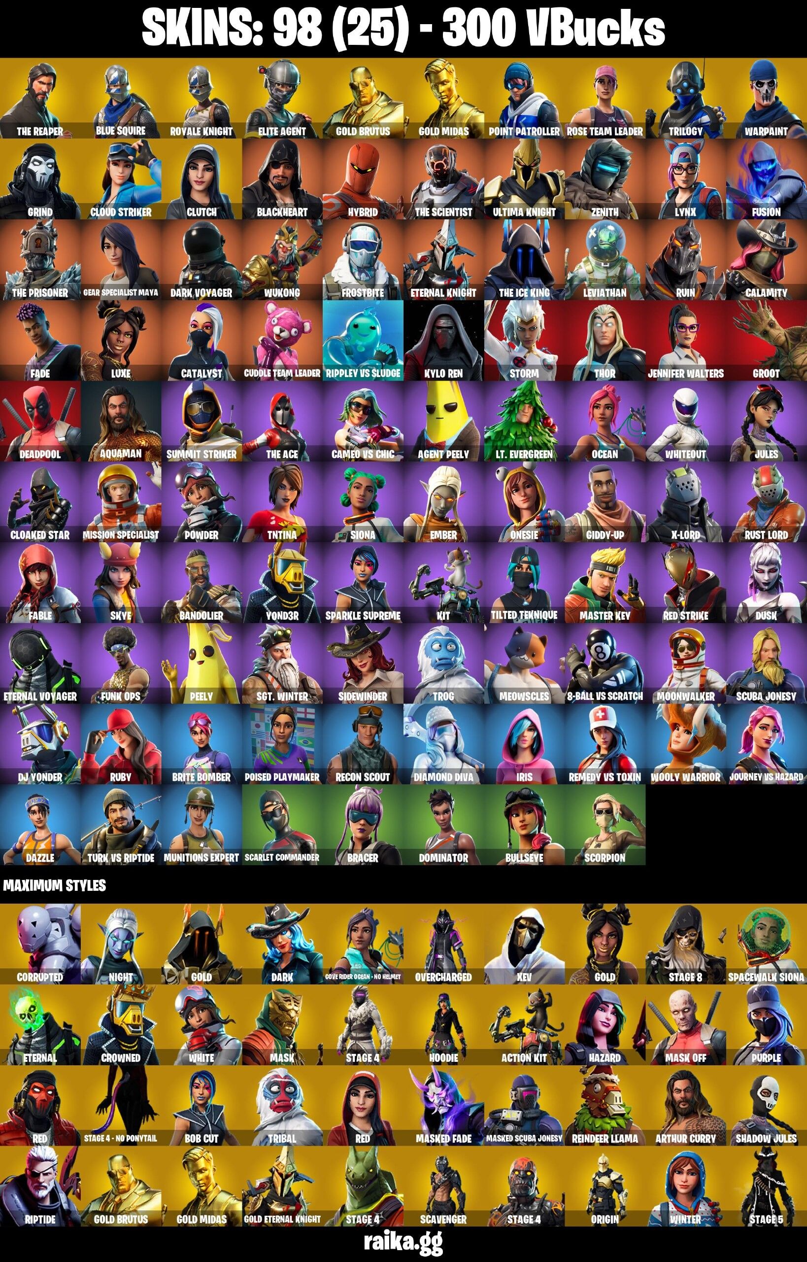 Fortnite Account ( PLAYSTATION / XBOX / PC / NINTENDO / MOBILE ) (The Reaper, Blue Squire, Royale Knight, Elite Agent) (98 Skins)