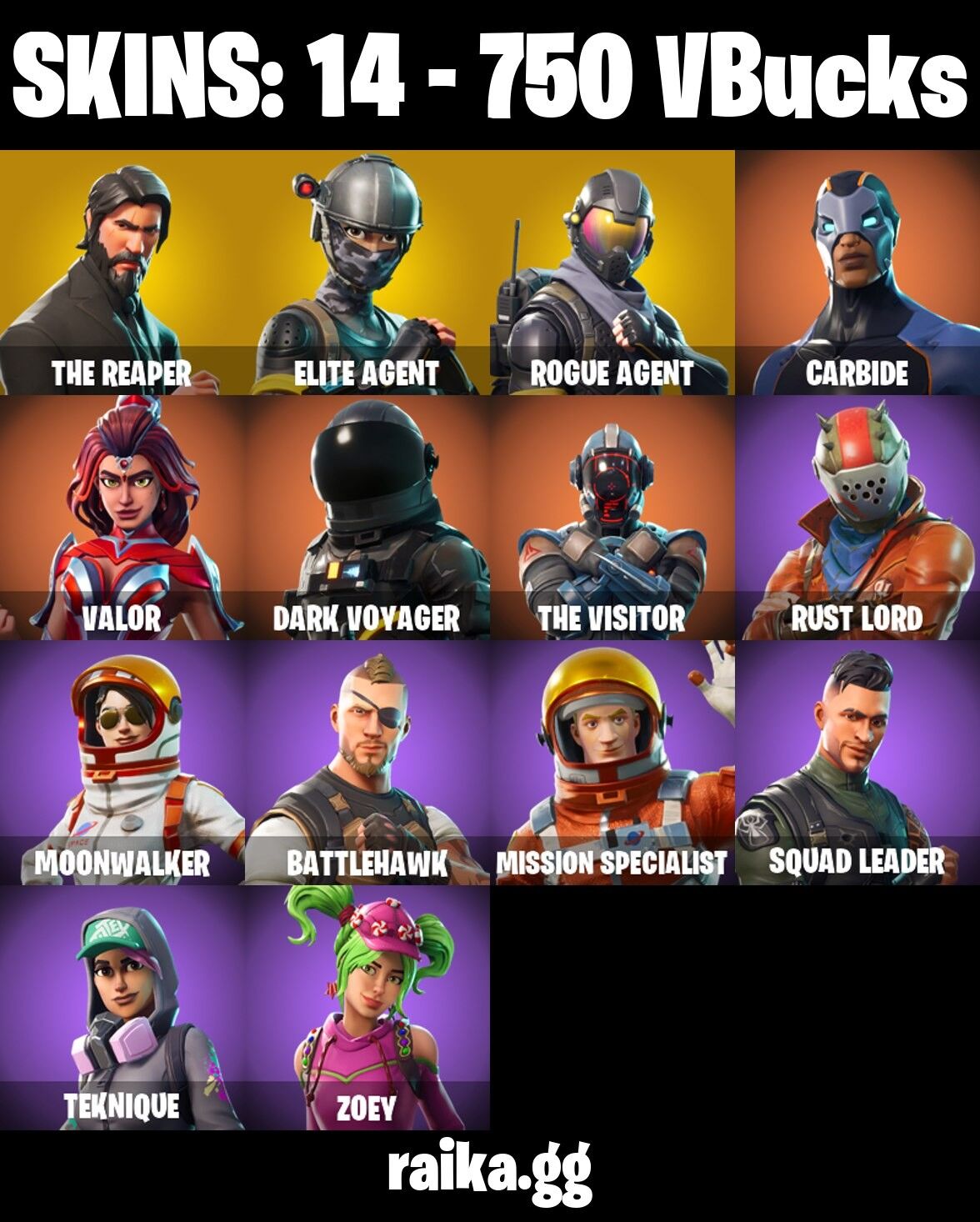 Fortnite Account ( PLAYSTATION / XBOX / PC / NINTENDO / MOBILE ) (The Reaper, Elite Agent, Rust Lord, Dark Voyager, S3 OG) (14 Skins)