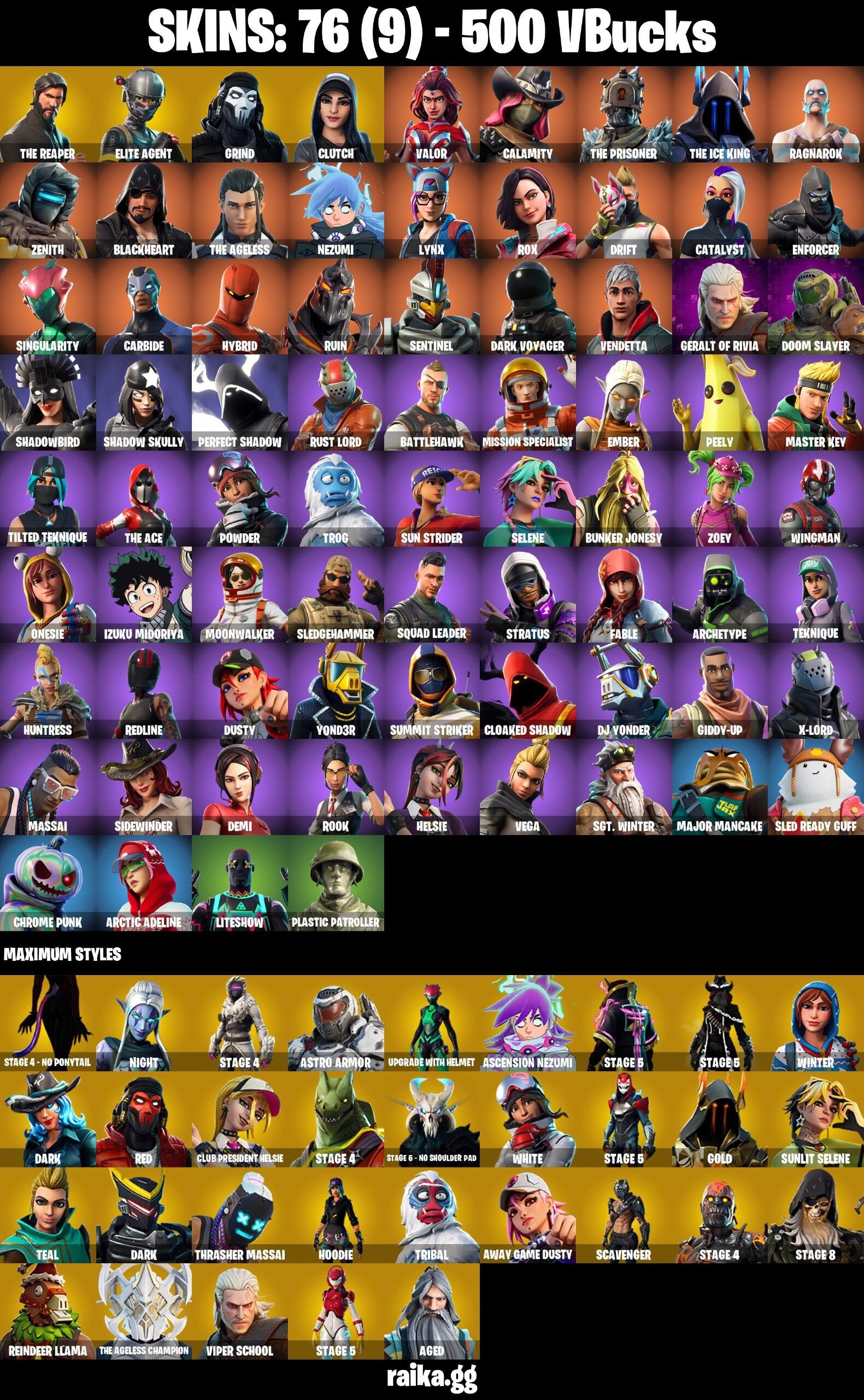 Fortnite Account ( PLAYSTATION / XBOX / PC / NINTENDO / MOBILE ) (The Reaper, Elite Agent, Rust Lord, Dark Voyager, S3 OG) (76 Skins)