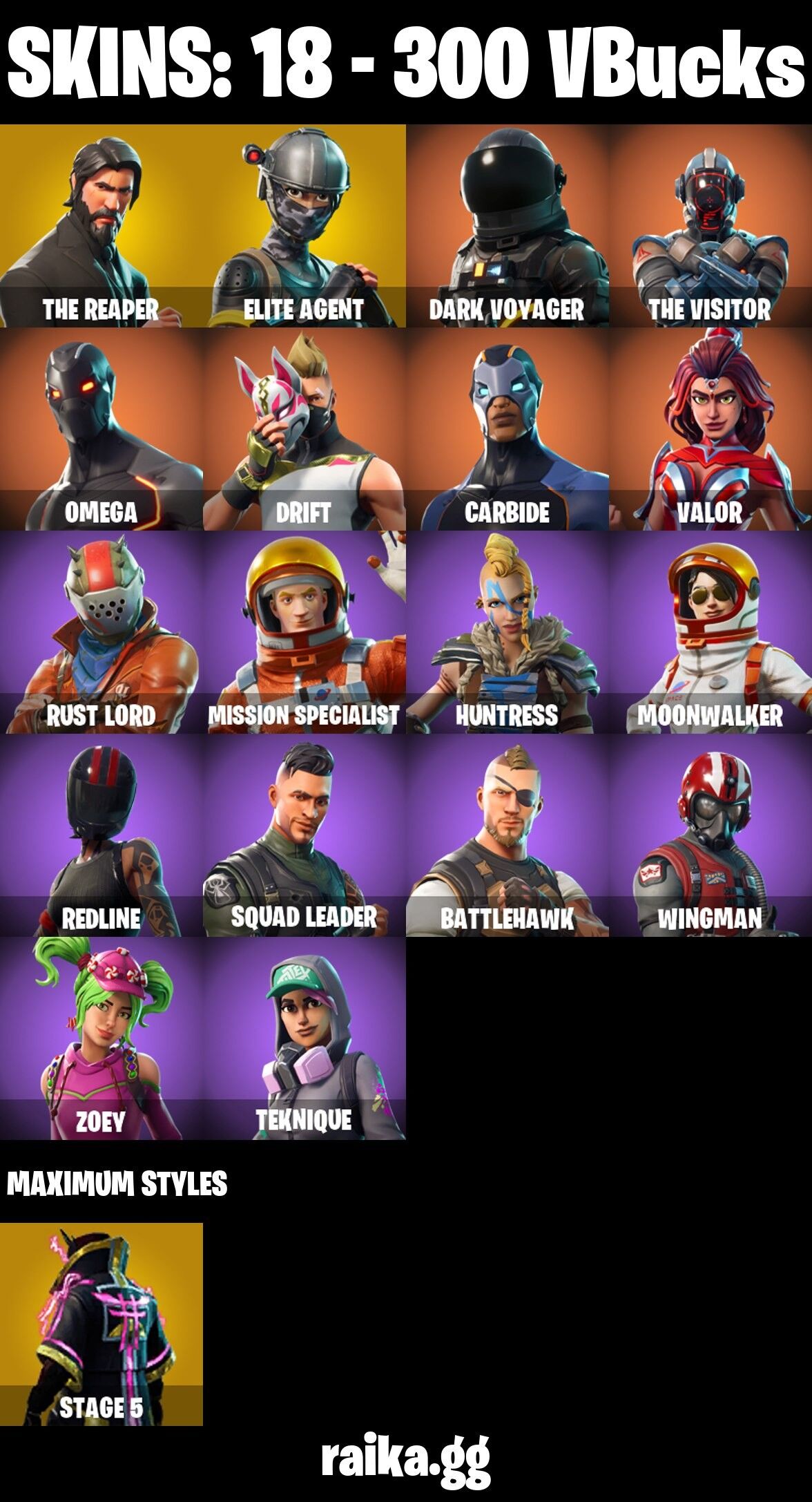 Fortnite Account ( PLAYSTATION / XBOX / PC / NINTENDO / MOBILE ) (The Reaper, Elite Agent, Dark Voyager, The Visitor, Omega, Drift, Carbide, Valor, Rust Lord, Mission Specialist, Huntress, Moonwalker, Redline, Squad Leader, Battlehawk, Wingman, Zoey, Teknique) (18 Skins)