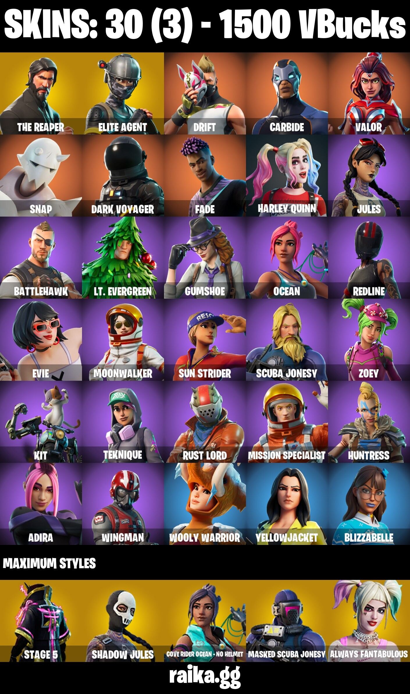 Fortnite Account ( PLAYSTATION / XBOX / PC / NINTENDO / MOBILE ) (The Reaper, Elite Agent, Rust Lord, Dark Voyager) (30 Skins)