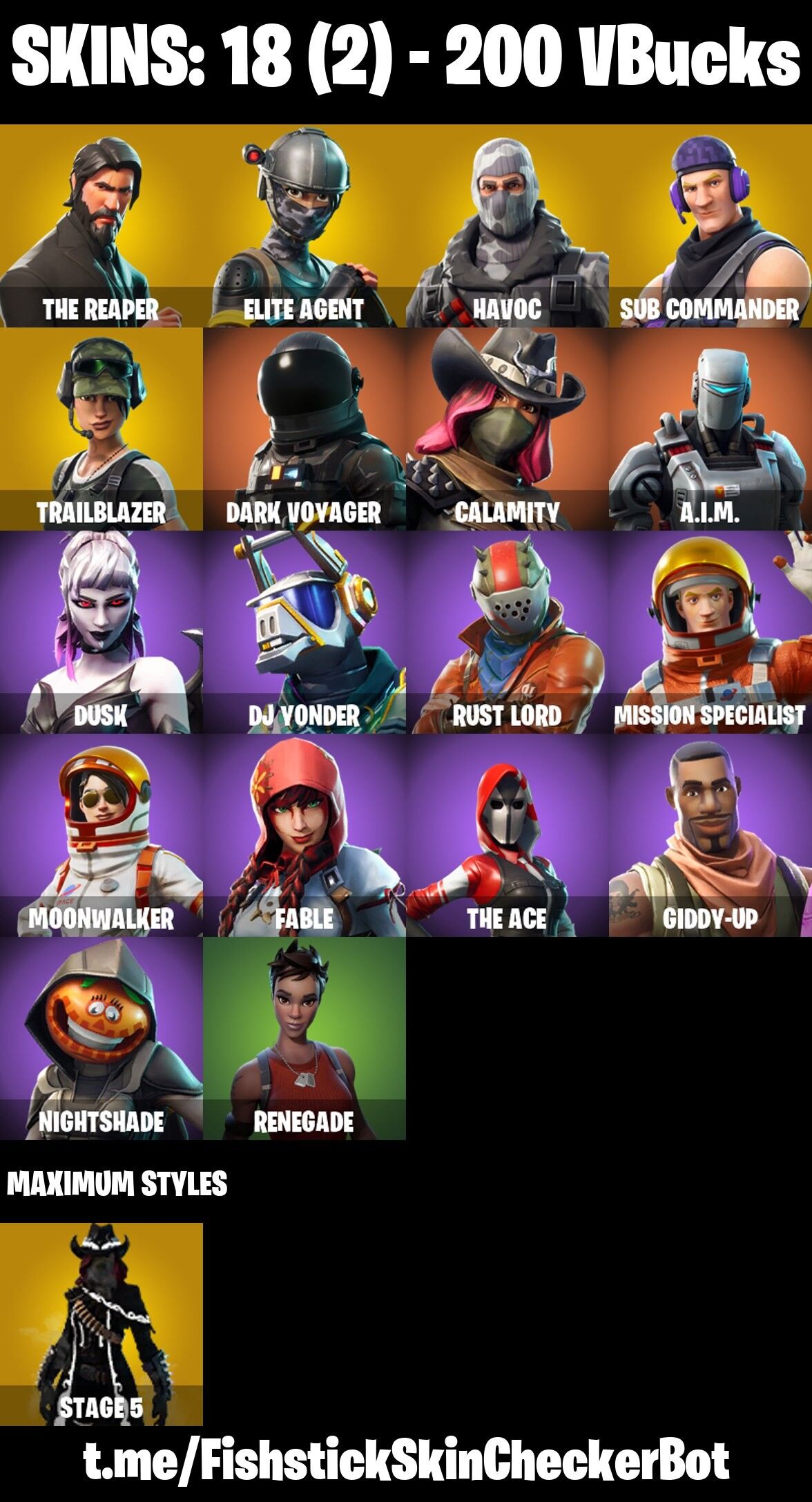 Fortnite Account ( PLAYSTATION / XBOX / PC / NINTENDO / MOBILE ) (TAKE THE L, THE REAPER, Elite Agent, Rust Lord, Dark Voyager) (18 Skins)