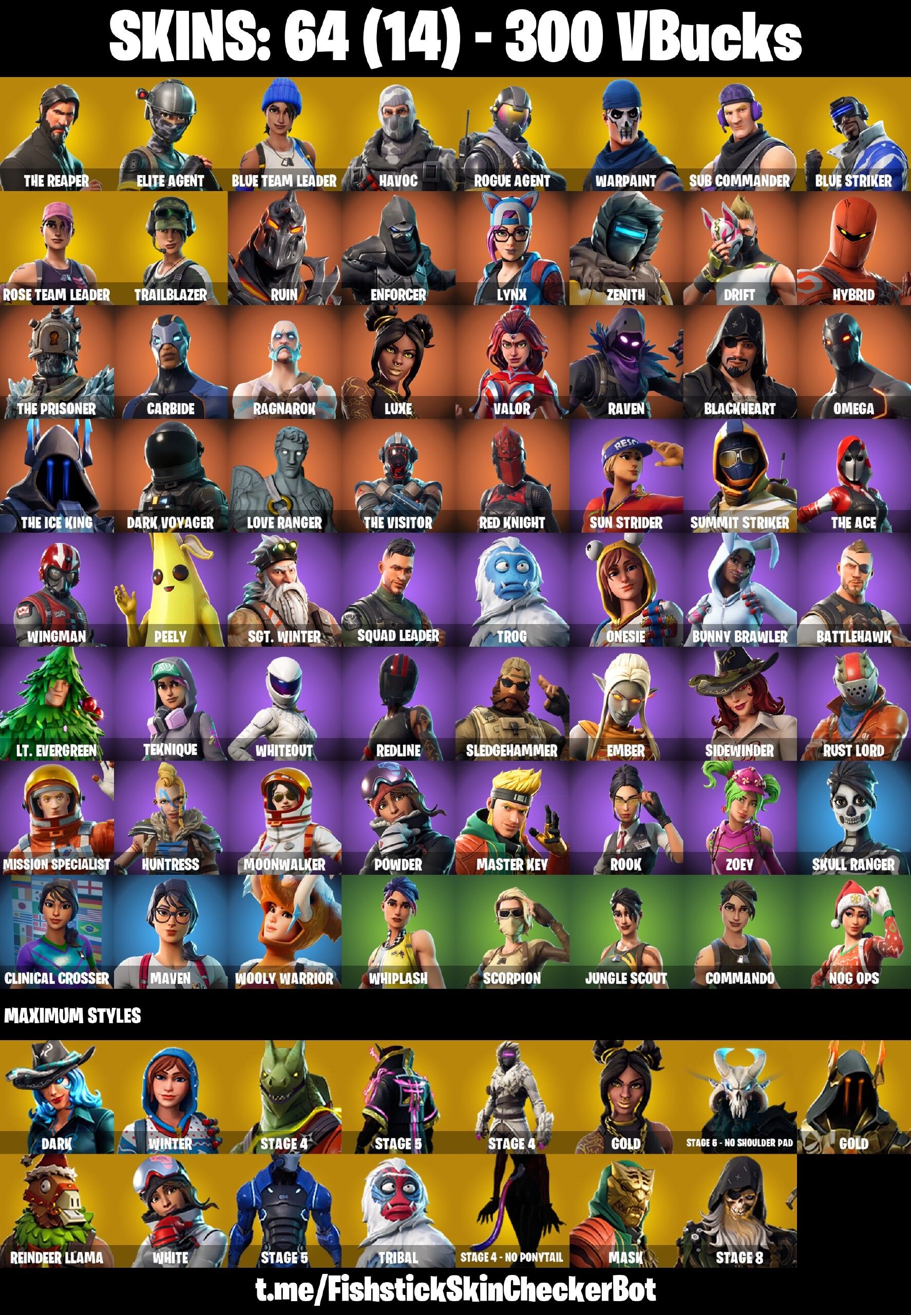 Fortnite Account ( PLAYSTATION / XBOX / PC / NINTENDO / MOBILE ) (The Reaper, Warpaint, Rose Team Leader) (64 Skins)