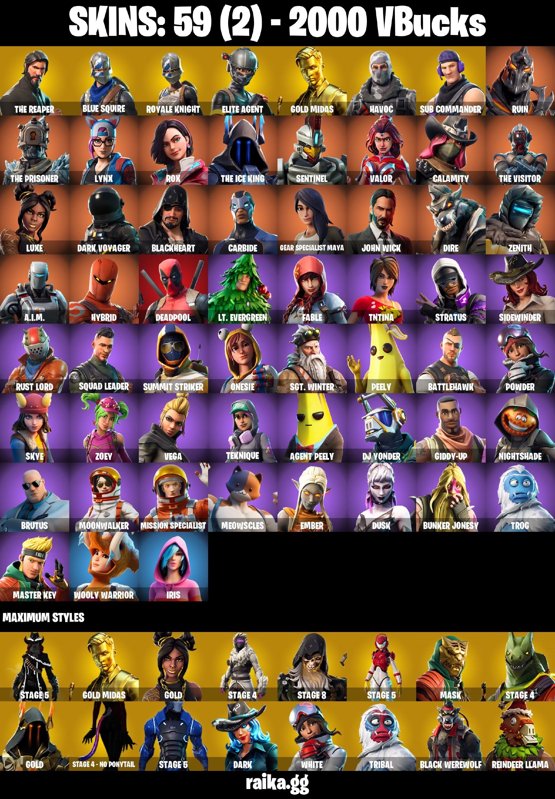 Fortnite Account ( PLAYSTATION / XBOX / PC / NINTENDO / MOBILE ) (The Reaper, Blue Squire, Royale Knight, Elite Agent, Gold Midas, Havoc, Sub Commander, Ruin, The Prisoner, Lynx, Rox, The Ice King, Sentinel, Valor, Calamity, The Visitor, Luxe, Dark Voyager, Blackheart, Carbide, Gear Specialist Maya) (59 Skins)