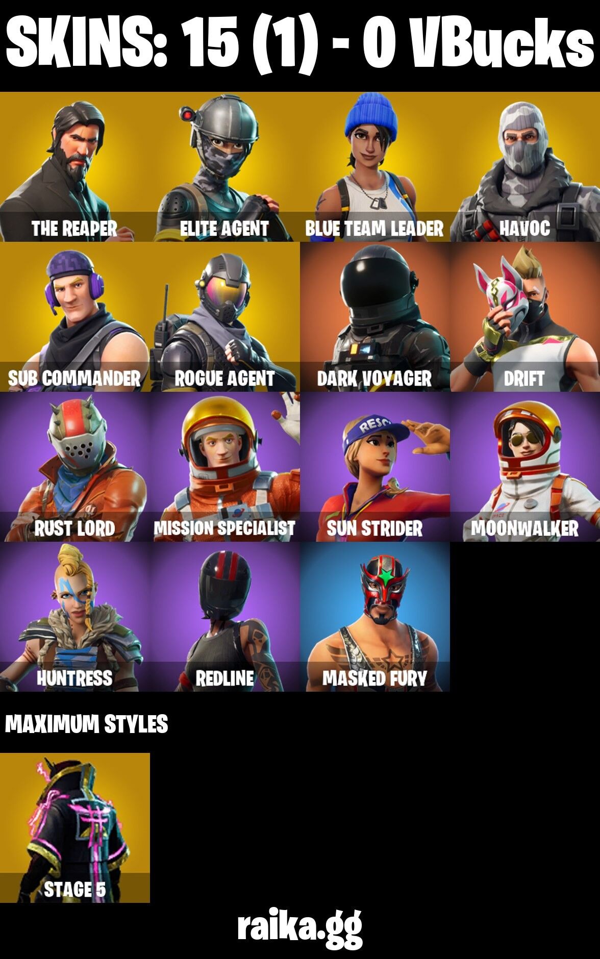 Fortnite Account ( PLAYSTATION / XBOX / PC / NINTENDO / MOBILE ) (The Reaper, Elite Agent, Rust Lord, Dark Voyager) (15 Skins)