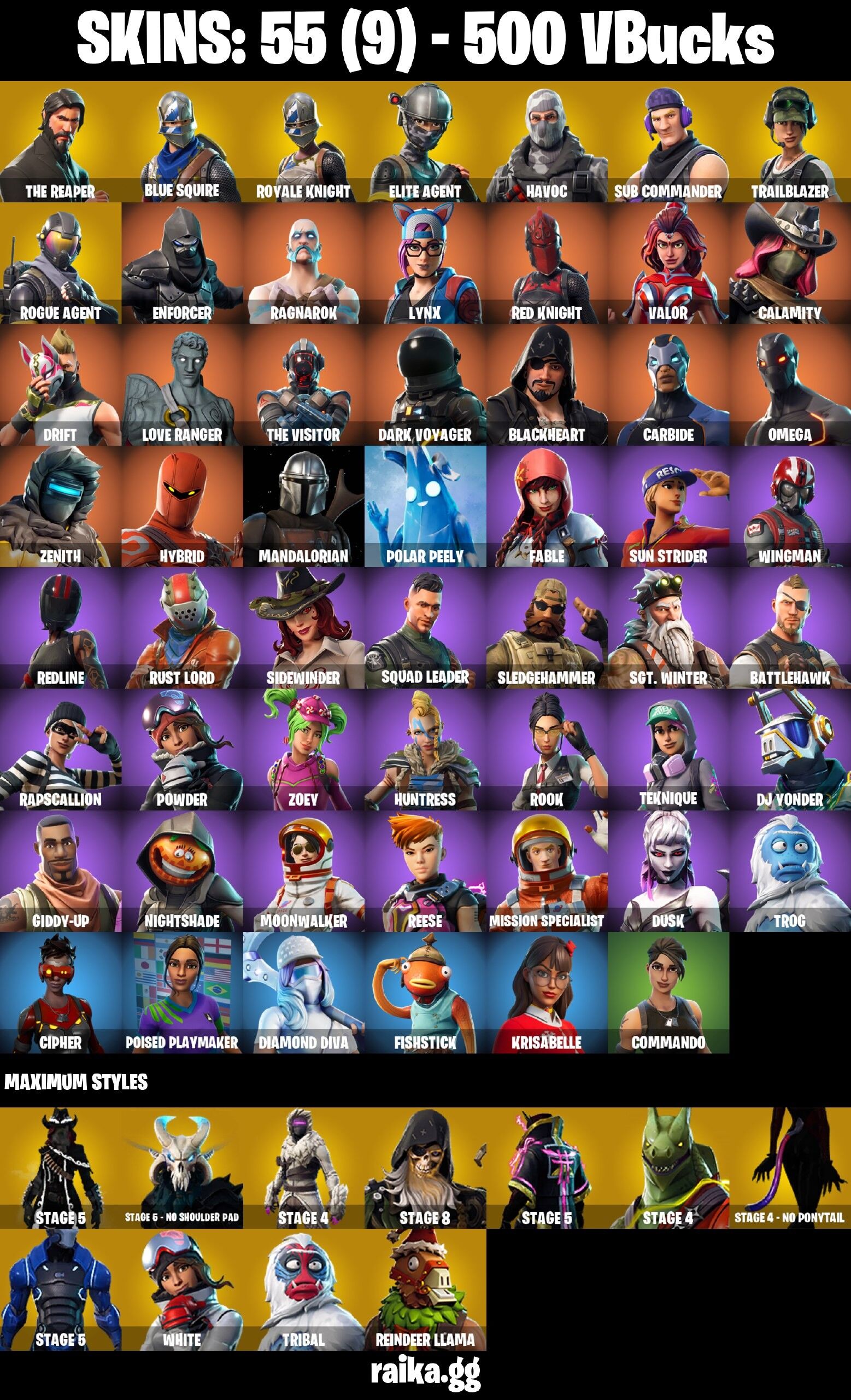 Fortnite Account ( PLAYSTATION / XBOX / PC / NINTENDO / MOBILE ) (The Reaper, Blue Squire, Royale Knight, Elite Agent, Havoc) (55 Skins)