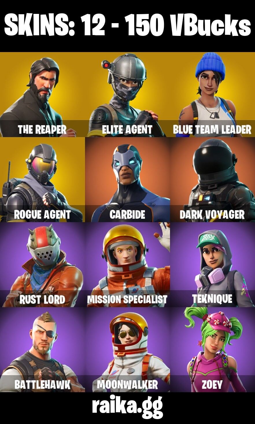 Fortnite Account ( PLAYSTATION / XBOX / PC / NINTENDO / MOBILE ) (The Reaper, Elite Agent, Rust Lord, Dark Voyager) (12 Skins)