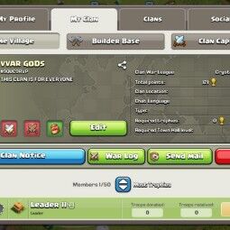 Clan Level- 23✔️Name [ VVAR GODS  ] ✔️League- [
Crystal -3 ]✔️Capital-6✔️War Log Win [ 579 ] Losses [357]✔️Best Clan✔️Very Fast Delivery 0