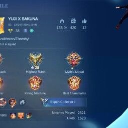 38 LVL+62 Heroes+134 Skins+JUJUTSU YIN+COLLECTOR BADANG NATALIA+ZODIAC ODETTE+4 LUCKYBOX+LIGHTBORN TIGREAL+MANY EPIC+MAX Rank Mythic 28* 1