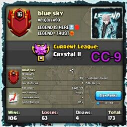 Pure English Name Clan - blue sky Level 16 ||| Capital hall 9 ||| Crystal league 2 ||| War log 106::63::4 ||| Instant delivery 0