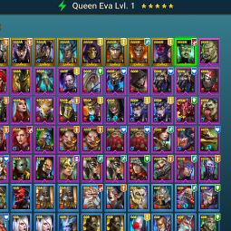 Starter with 15 Legendary.Queen Eva,Ghostborn,Gallcobarl!Cleo and Guurda waiting for summon!59 Epic!37K Energy!25M Silver!845 Gems!3500+Multi-Battle 0