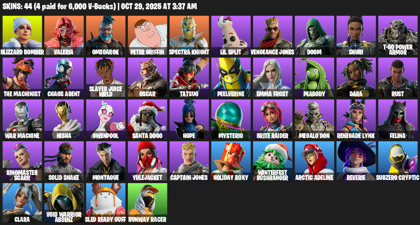 Fortnite Account ( PC / PLAYSTATION / XBOX ) (Blizzard Bomber, Valeria, Omegarok, Peter Griffin, Spectra Knight, Lil Split, Vengeance Jones, Doom, Shuri, T-60 Power Armor) (44 Skins)