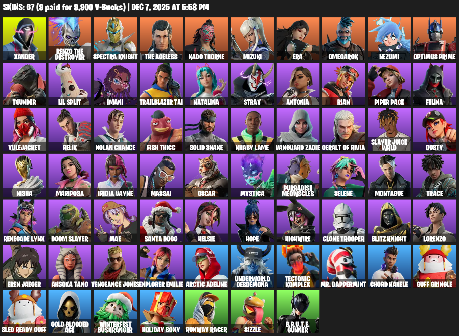 Fortnite Account ( PC / PLAYSTATION / XBOX ) (Felina, Katalina, Spectra Knight, Doom Slayer, Xander, Renzo the Destroyer, The Ageless, Kado Thorne, Mizuki, Era, Omegarok) (67 Skins)