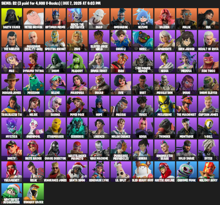 Fortnite Account ( PC / PLAYSTATION / XBOX ) (Chun-Li, Peter Griffin, Gwenpool, Spectra Knight, Darth Vader, Doom Slayer, Optimus Prime, Renzo the Destroyer, Snap, Omegarok) (82 Skins)