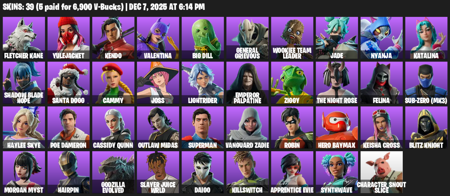 Fortnite Account ( PC / PLAYSTATION / XBOX ) (Cammy, Felina, Katalina, Fletcher Kane, Yulejacket, Kendo, Valentina, Big Dill, General Grievous, Wookiee Team Leader, Jade) (39 Skins)