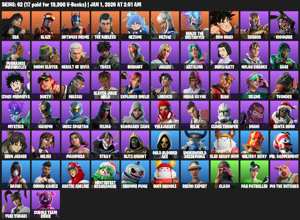 Fortnite Account ( PC / PLAYSTATION / XBOX ) (Felina, Katalina, Doom Slayer, Era, Blaze, Optimus Prime) (62 Skins)