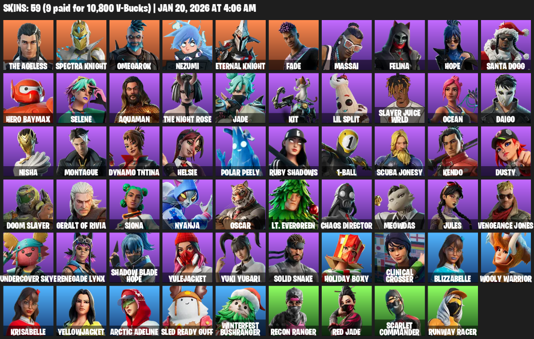 Fortnite Account ( PC / PLAYSTATION / XBOX ) (Felina, Spectra Knight, Doom Slayer, The Ageless, Omegarok, Nezumi, Eternal Knight, Fade, Massai, Hope, Santa Dogg, Hero Baymax) (59 Skins)