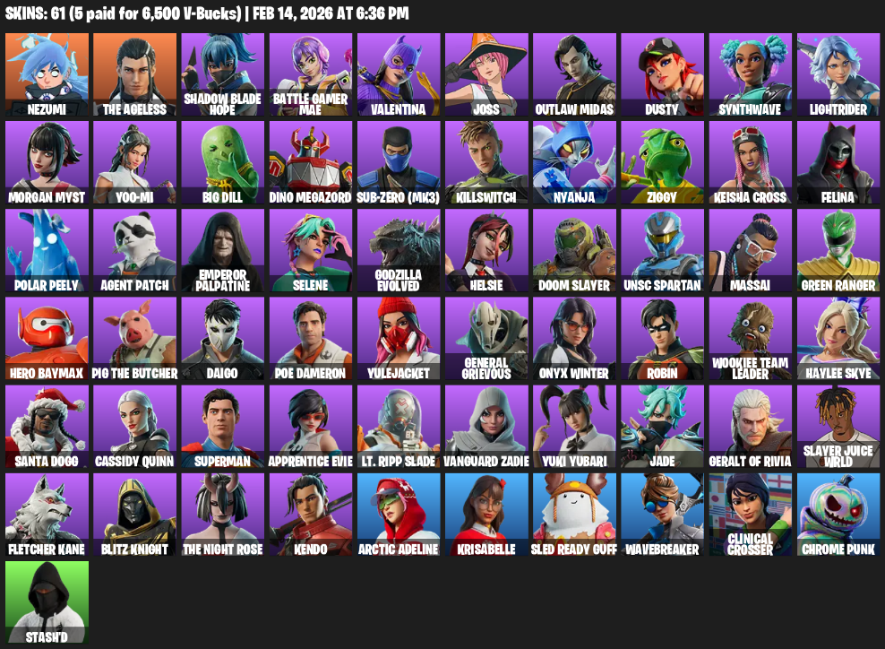 Fortnite Account ( PC / PLAYSTATION / XBOX ) (Felina, Doom Slayer, Nezumi, The Ageless, Shadow Blade Hope, Battle Gamer Mae, Valentina, Joss, Outlaw Midas, Dusty, Synthwave) (61 Skins)